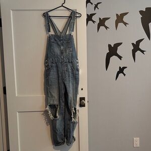 Free People Blue Boyfriend Jeans Overalls